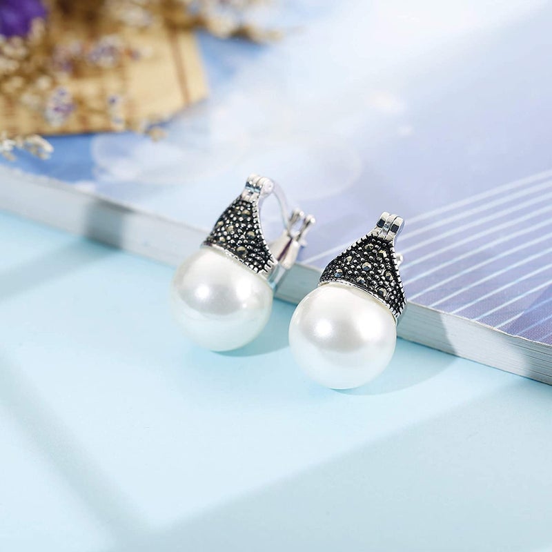 MILACOLATO 925 Sterling Silver Pearl Earrings for Women 18K White Gold Plated Simulated Pearl Dangle Drop Earrings Love Jewelry Gifts for Women - Image 4